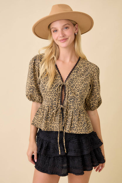 Leopard Printed Denim V-neck Baby Doll Blouse