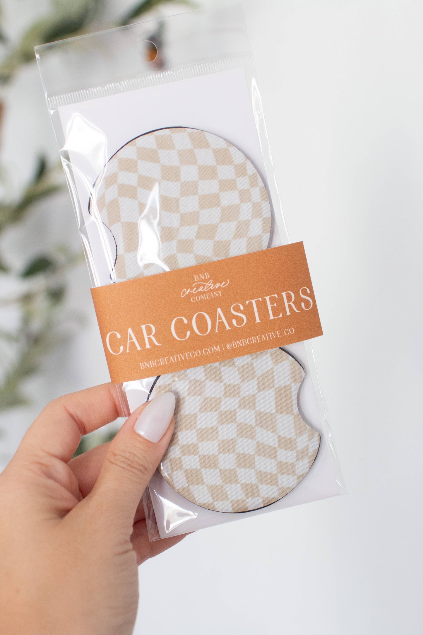 Tan Checkered Neoprene Car Coasters