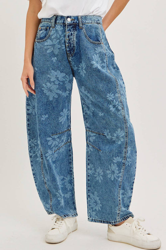 Floral Print Barrel Denim