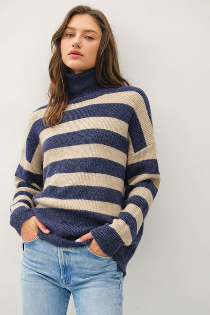 Wide Stripe Turtleneck : Navy