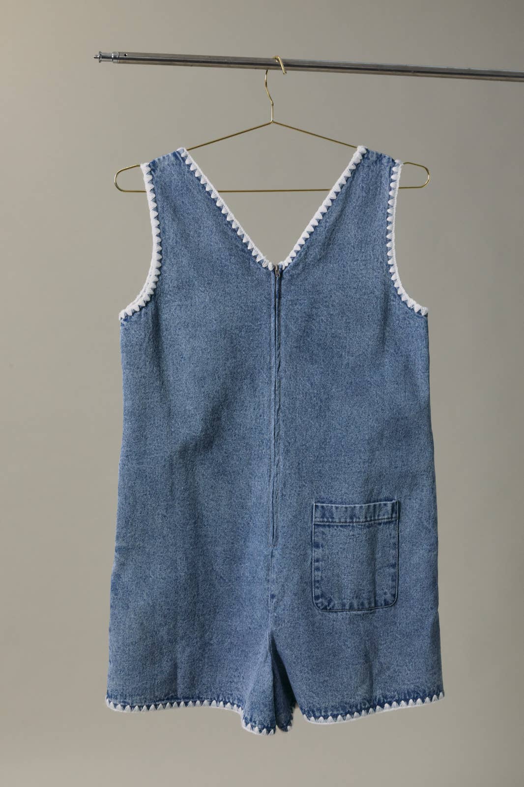 V Neck Stitch Detail Denim Romper