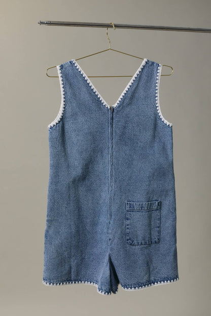 V Neck Stitch Detail Denim Romper