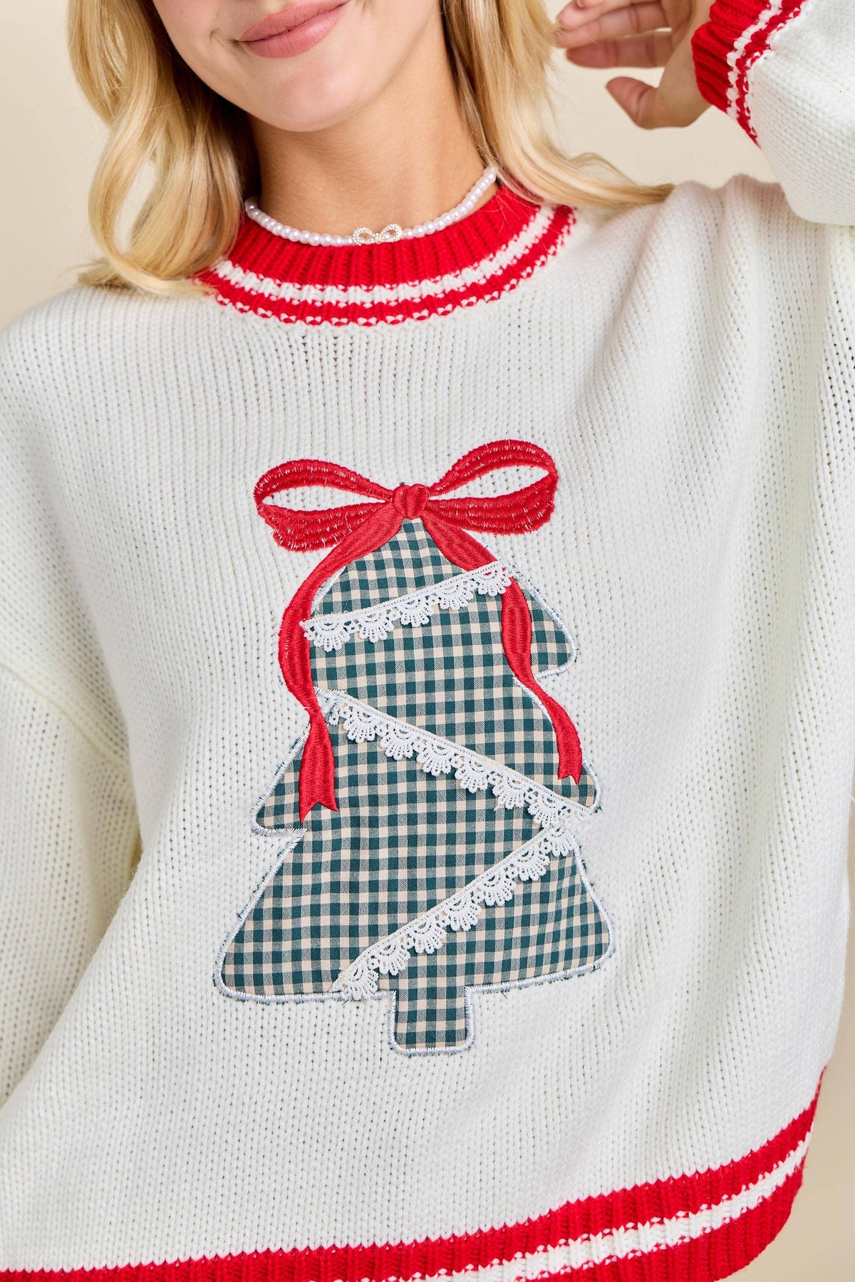 Festive Holiday Sweater With Christmas Tree Patchwork