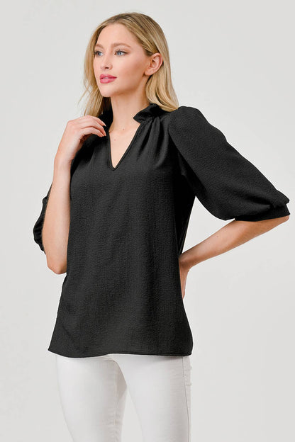 Posey Textured Short Sleeve Ruffle Collar Top Black