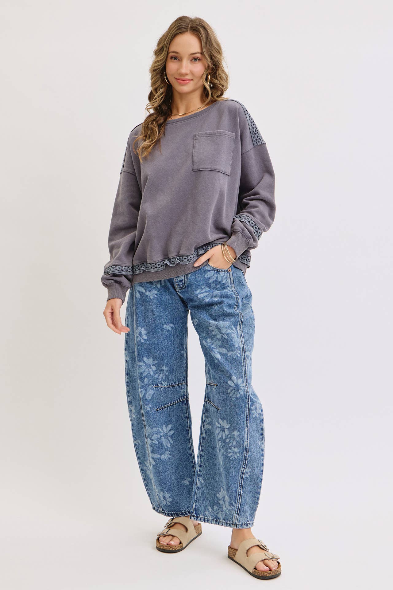 Floral Print Barrel Denim