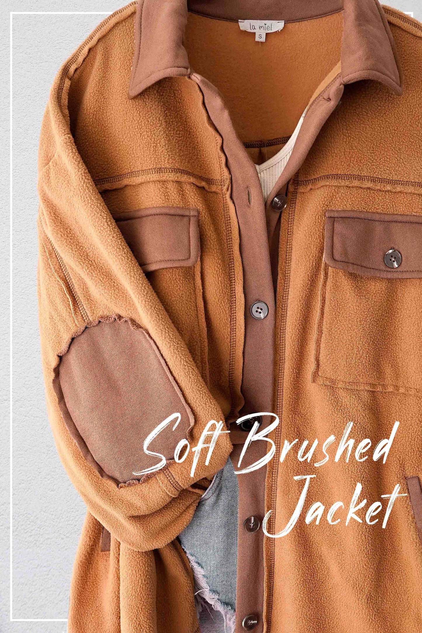 Soft Brushed Button Down Long Sleeve Fleece Shacket: Camel