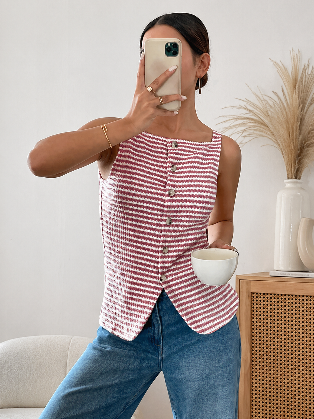 Striped Knit Button Front Tank Top Slim Fit Summer Vest