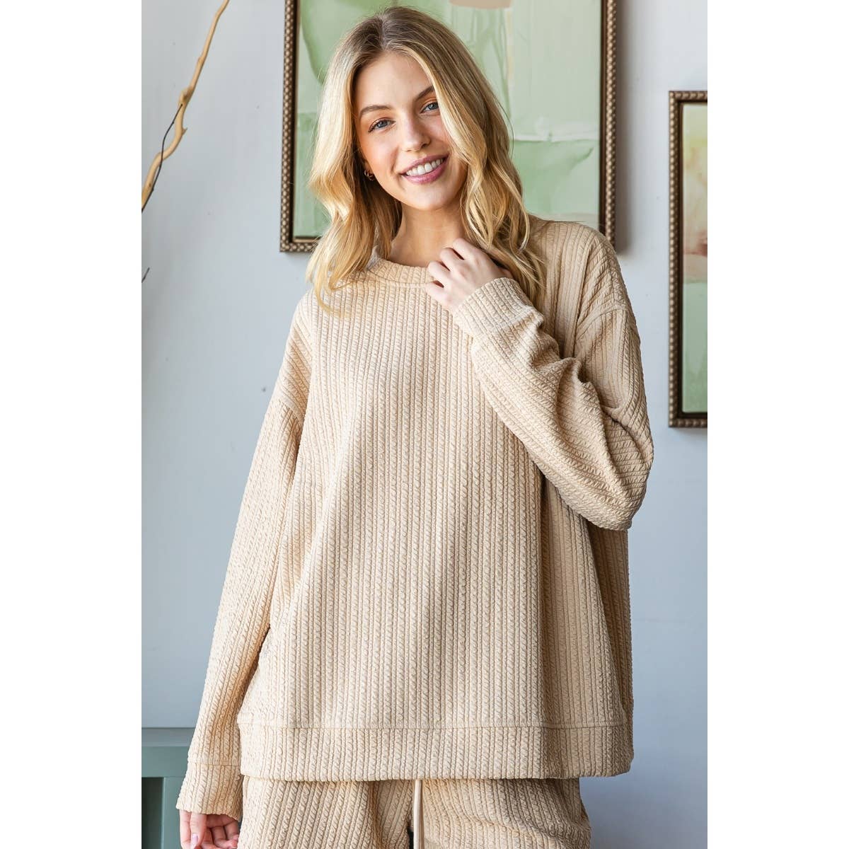 Waffle Textured Knit Top: Beige