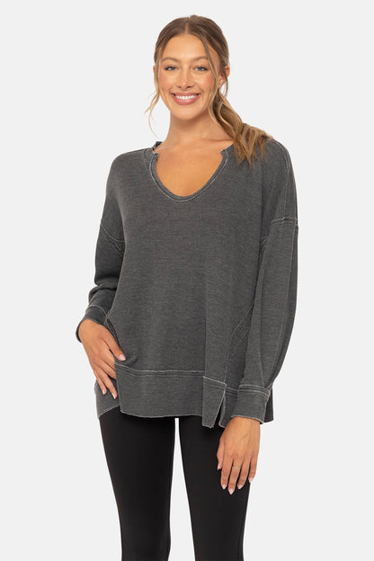 Cozy Season Waffle Knit Top | Washed Black