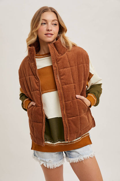 Corduroy Quilted Puffer Vest : Camel