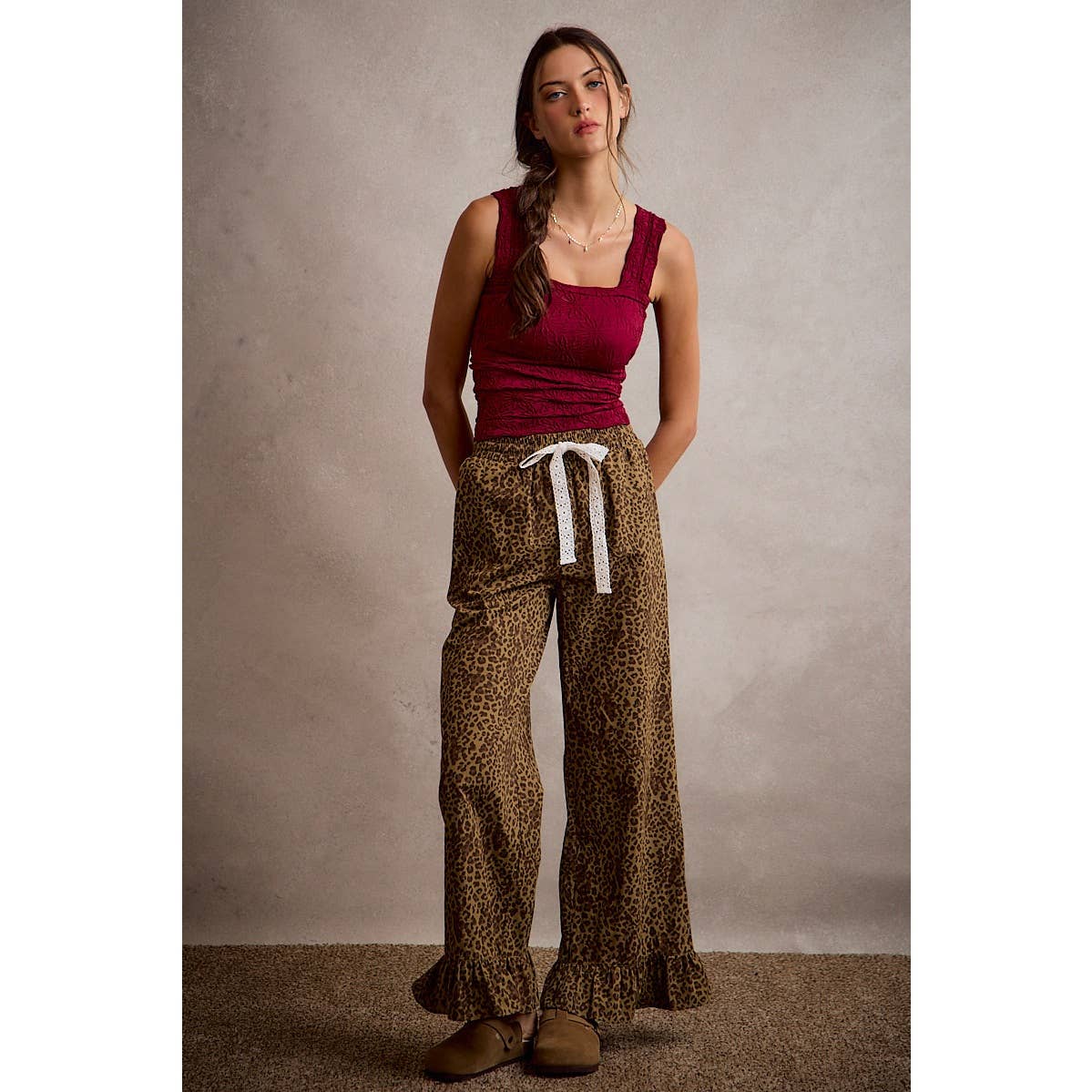 Lacey Leopard Ruffle Hem Pants