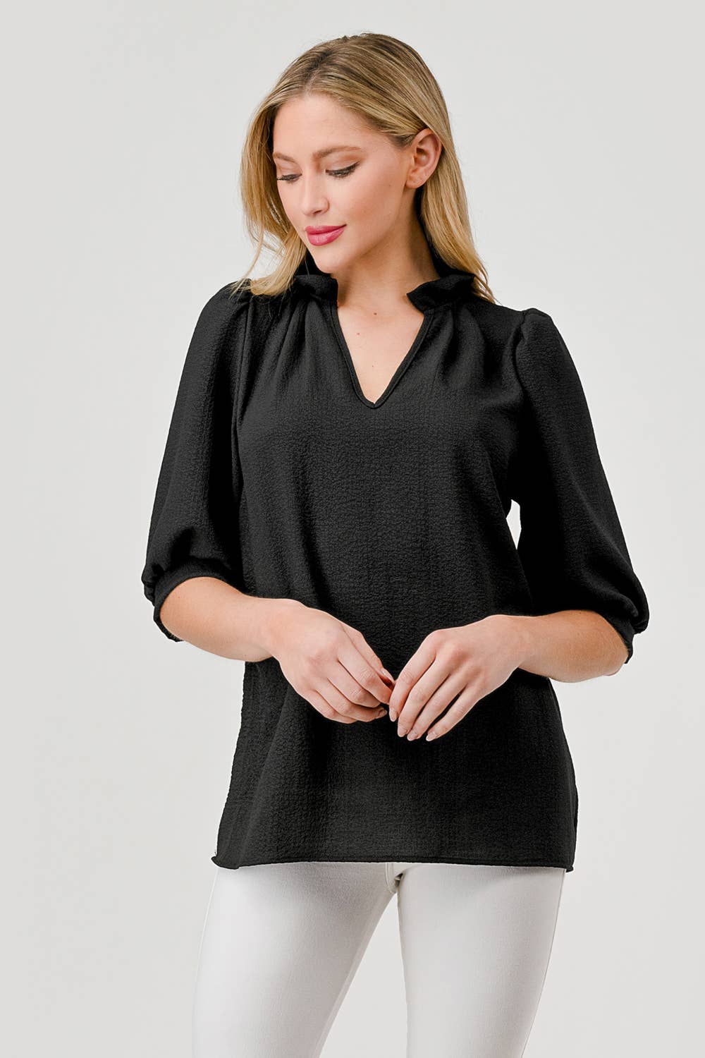 Posey Textured Short Sleeve Ruffle Collar Top Black