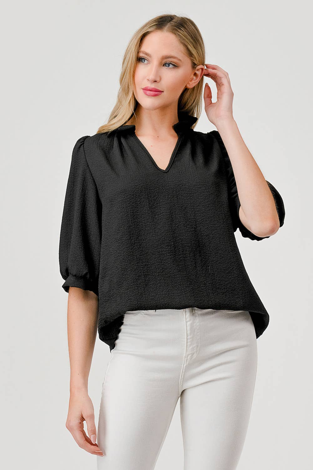 Posey Textured Short Sleeve Ruffle Collar Top Black