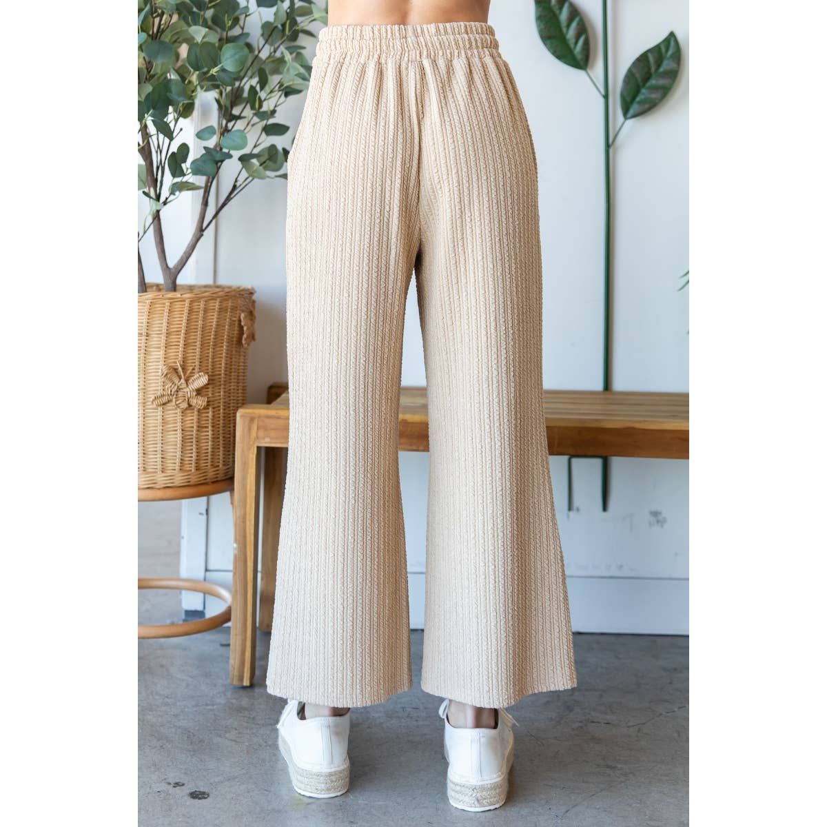 Waffle Textured Knit Pants: Beige