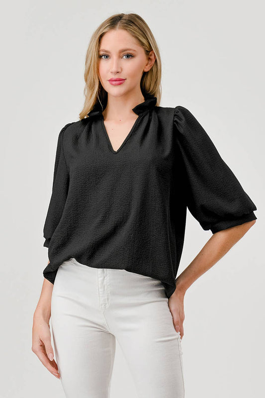 Posey Textured Short Sleeve Ruffle Collar Top Black