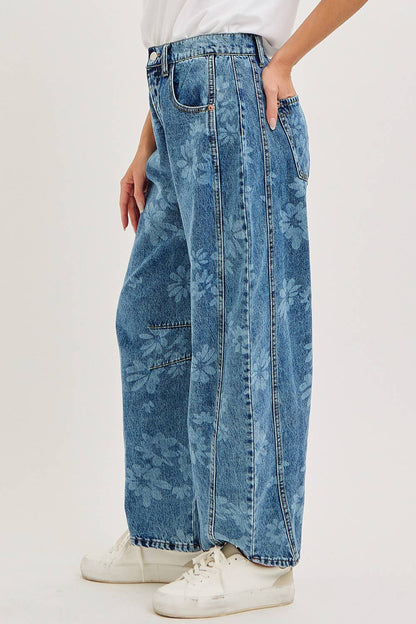 Floral Print Barrel Denim