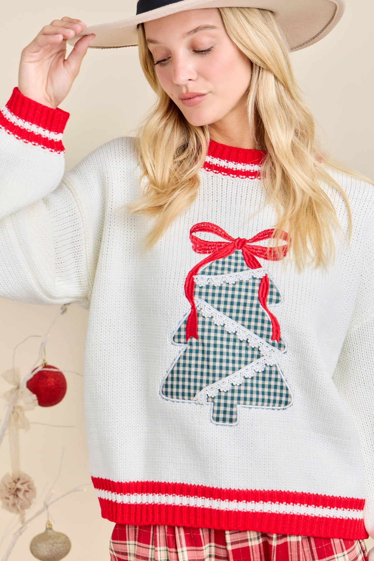 Festive Holiday Sweater With Christmas Tree Patchwork
