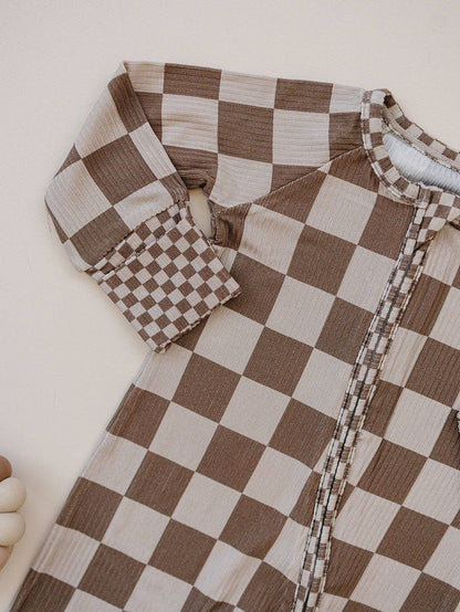 Ribbed Bamboo Zip Romper | Latte Checkered