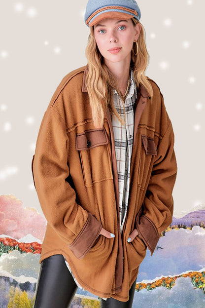 Soft Brushed Button Down Long Sleeve Fleece Shacket: Camel