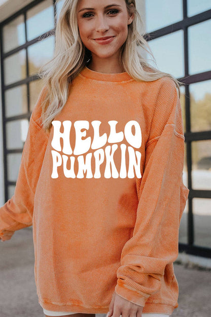 Orange HELLO PUMPKIN Letter Graphic Corded Sweatshirt