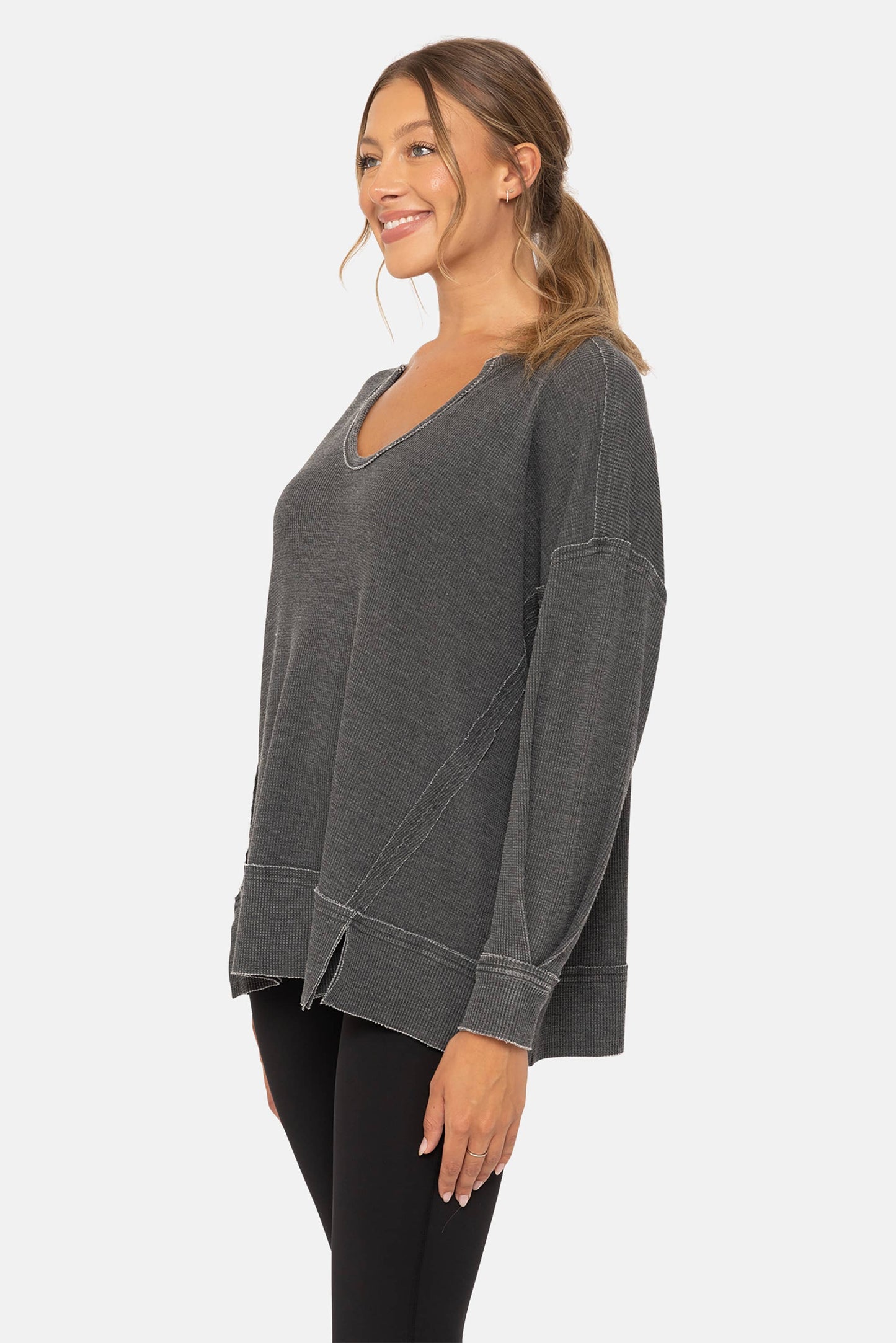 Cozy Season Waffle Knit Top | Washed Black