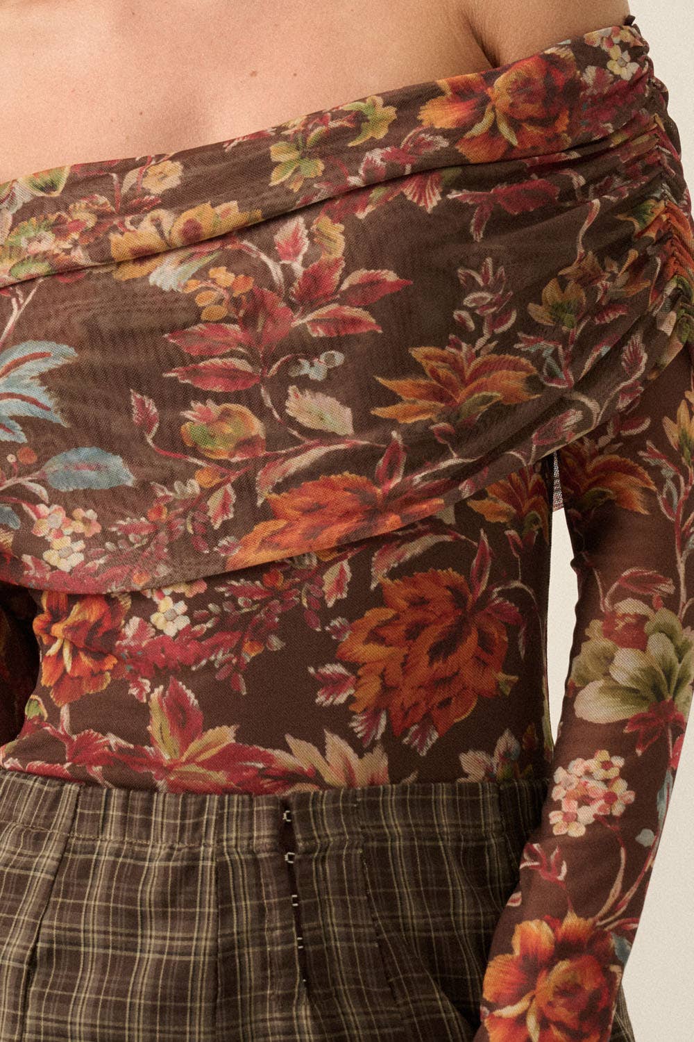 Floral-Print Mesh Off Shoulder Bodysuit