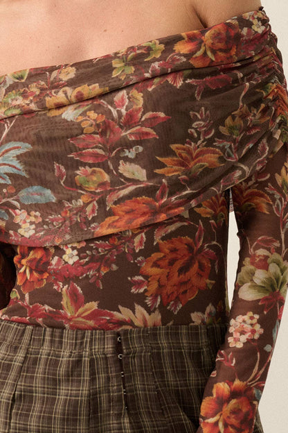 Floral-Print Mesh Off Shoulder Bodysuit