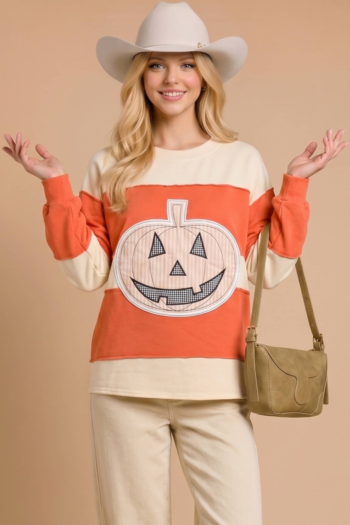Pumpkin Appliqué Color Block Pullover