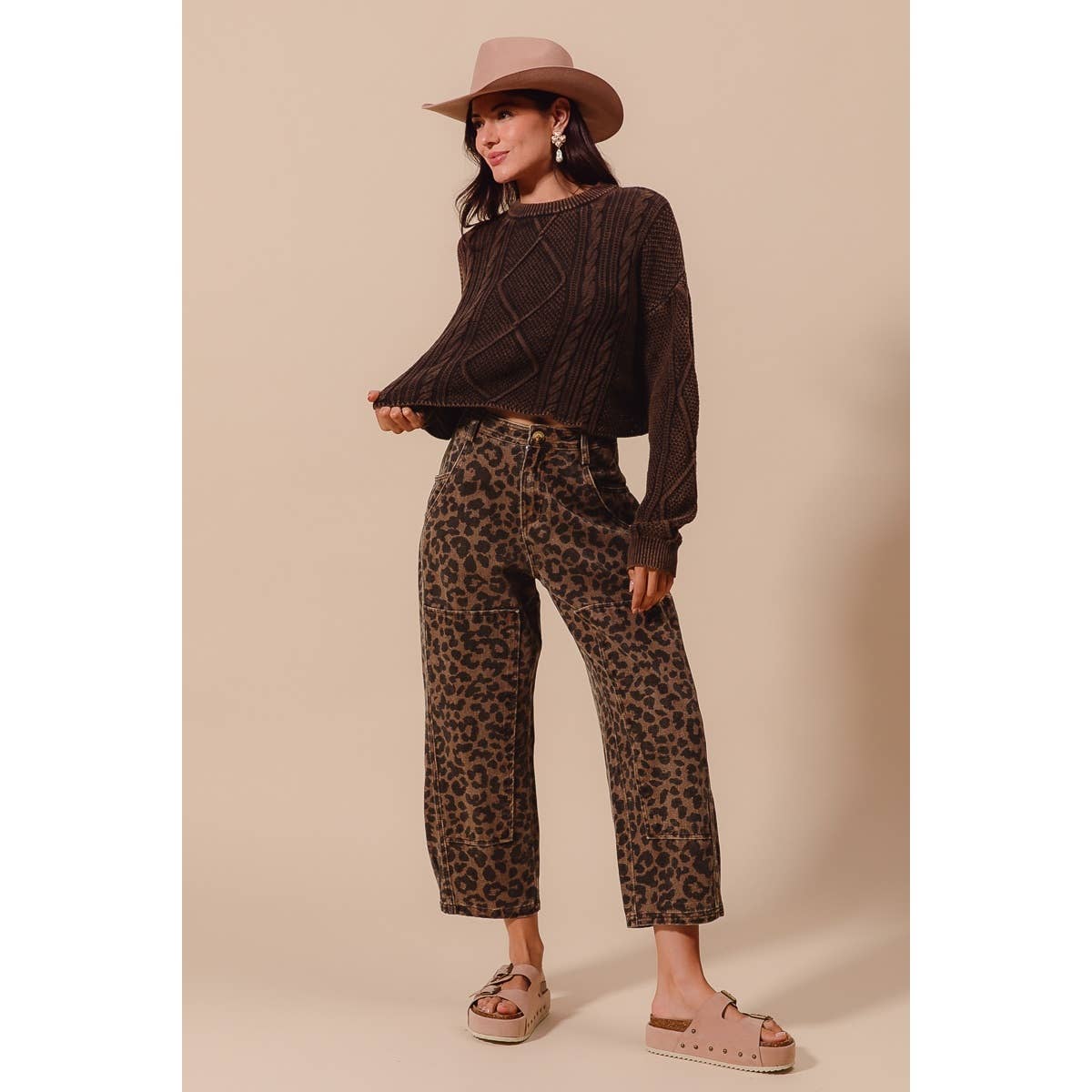 Leopard Mid Rise Barrel Pants