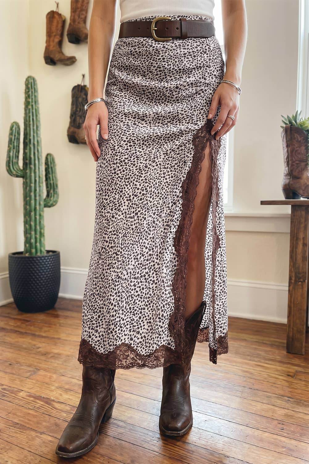 Leopard Print Lace Trim Maxi Skirt