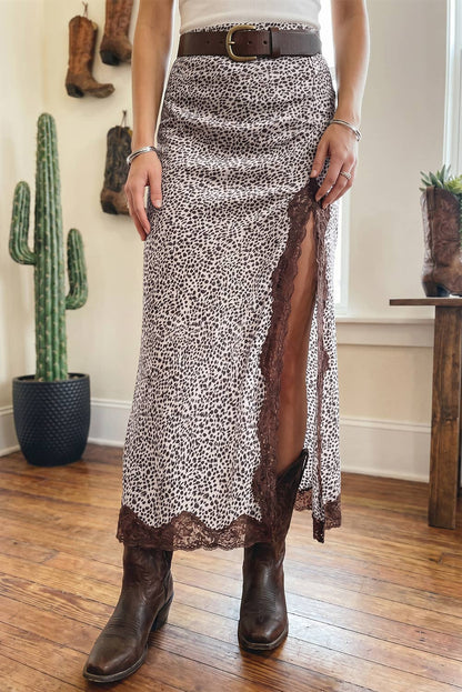 Leopard Print Lace Trim Maxi Skirt