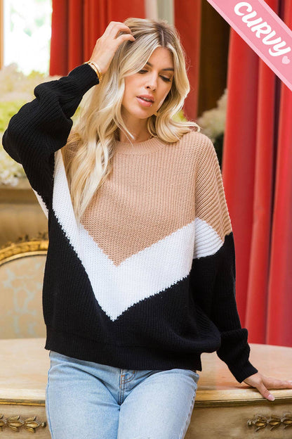 Chevron Color Block Sweater - Plus