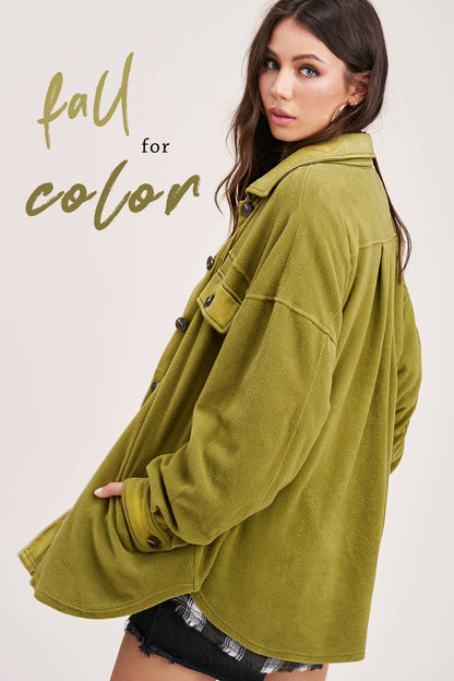 Loose Fit Button Down Long Sleeve Fleece Shacket: Pine