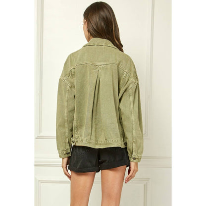 Pleated Denim Jacket - Olive