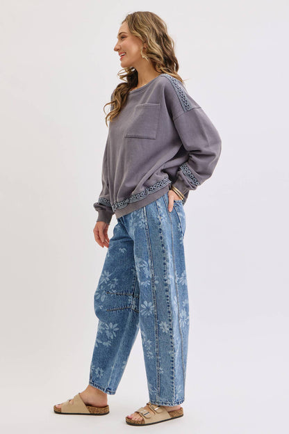 Floral Print Barrel Denim