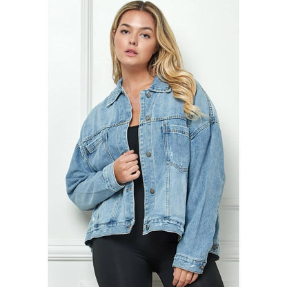 Pleated Denim Jacket - Med Denim PLUS