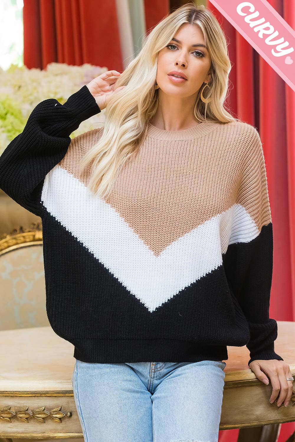 Chevron Color Block Sweater - Plus