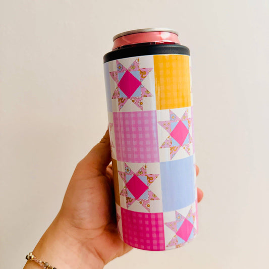 Pink Quilt Pattern Slim Can Cooler