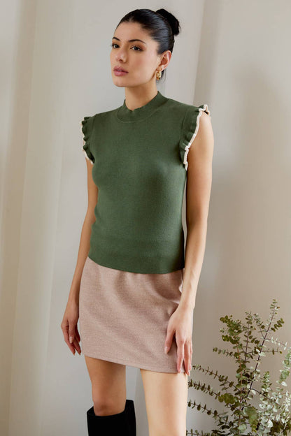 Olive Flutter Sleeve Top