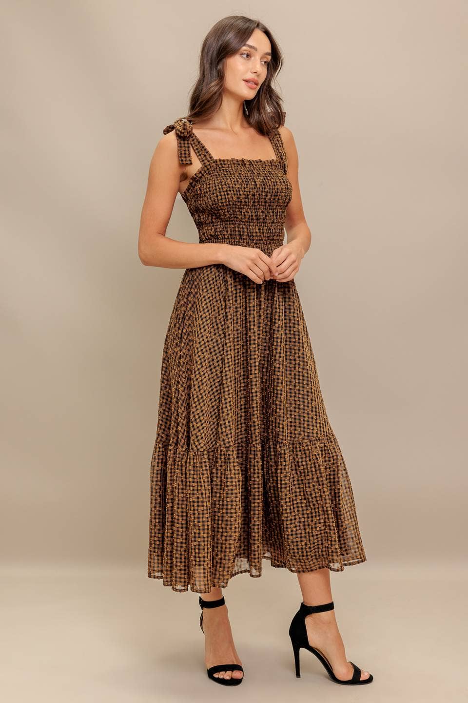 Autumn Smocked Gingham Midi Dress